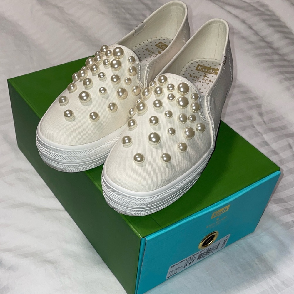 Keds x Kate Spade Off White Pearl-Embellished Slip-On Sneakers